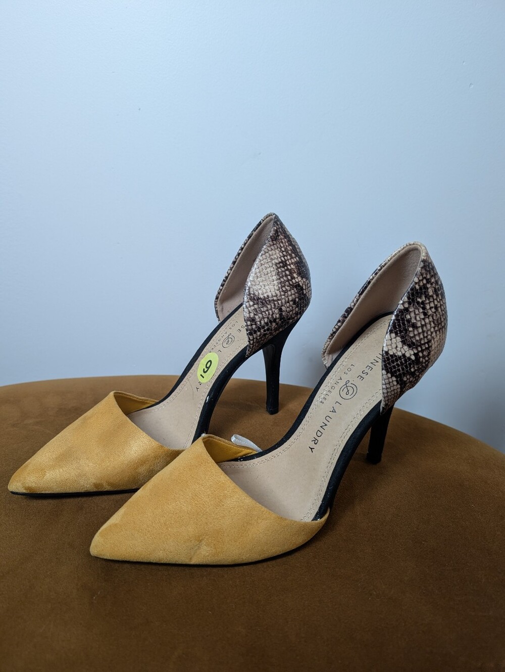 Chinese Laundry Two-Tone Mustard Suede & Snake-Print  Heels NWT